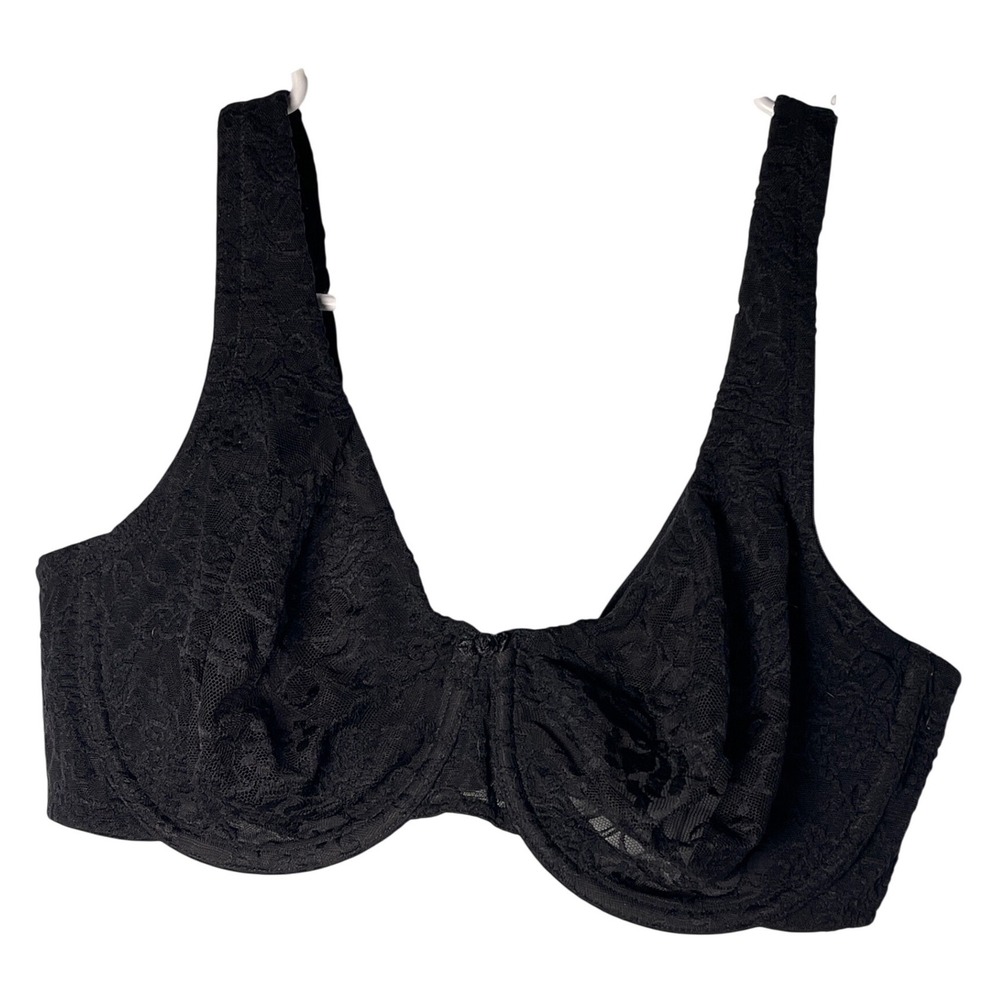 Cacique‎ Black Lace Underwire Unlined Bra 42C Floral Mesh Smoothing Back